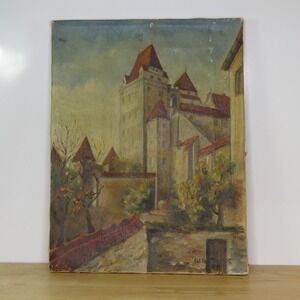 Wittelsbach Tower at Trausnitz Castle Original Painting Signed Werner 1946 13x16